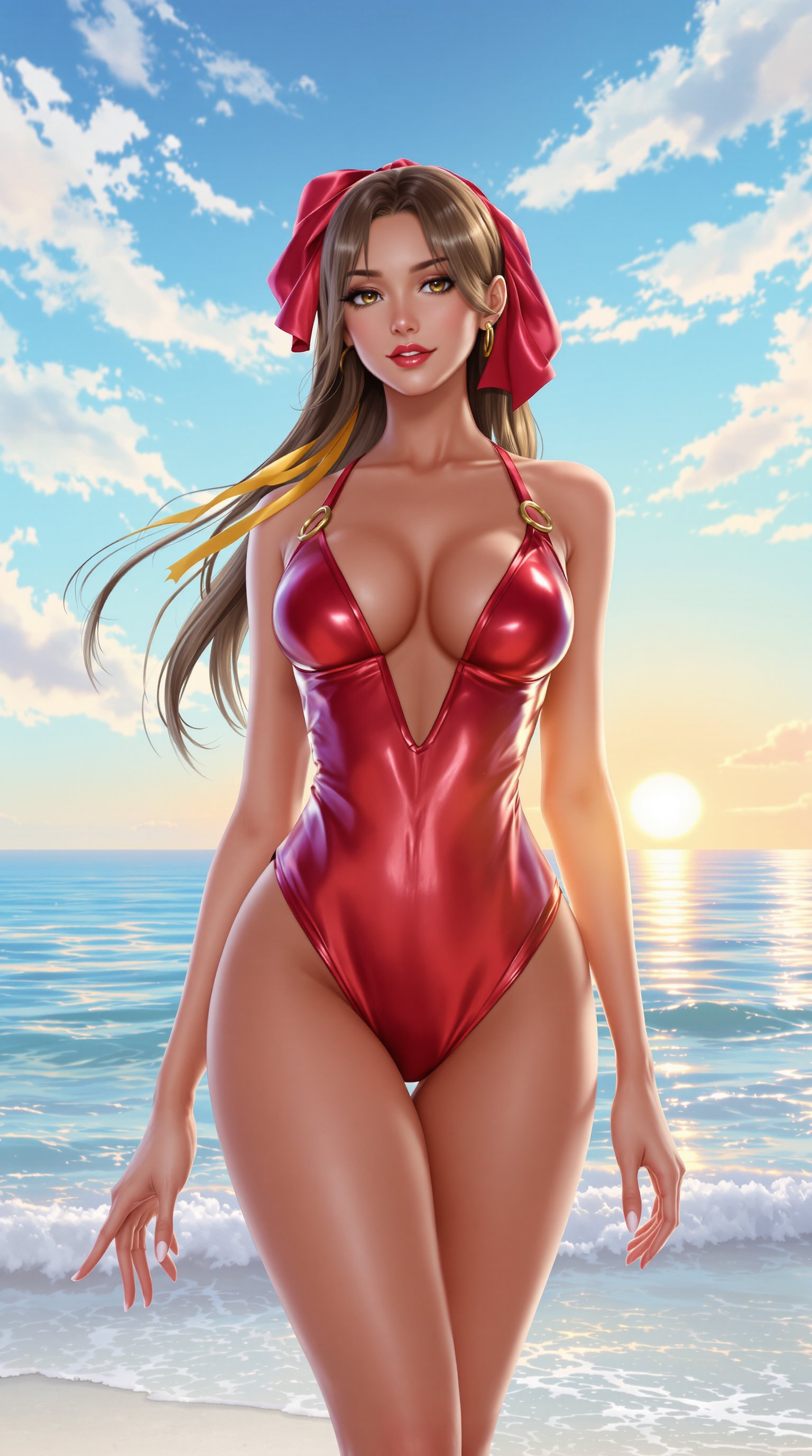 This is a digitally rendered image that showcases a stylized female figure. The art style is reminiscent of anime with its exaggerated features and vibrant colors. The medium appears to be a highresolution digital painting, likely created using software designed for 3D modeling and rendering.The figure is wearing a glossy, deep red swimsuit with a plunging neckline and a matching red bow tied at the back of her head. The swimsuit has a metallic sheen, and the straps are adorned with golden rings. The figure has long, flowing hair that cascades down her back and shoulders, with strands of hair tied with a yellow ribbon. The hair is rendered with a high level of detail, including individual strands and highlights that catch the light.The figures skin is depicted with a realistic texture and subtle shading, giving it a lifelike quality. The skin tone is a warm, sunkissed tan, and the figures posture and the way her clothes cling to her body suggest a sense of movement and vitality.The background of the image is a serene beach scene with a clear blue sky, scattered clouds, and gentle waves of the ocean. The horizon is softly lit by the warm glow of the sun, which is low on the horizon, indicating either sunrise or sunset. The colors in the background are a harmonious blend of blues, whites, and warm yellows and oranges, creating a peaceful and inviting atmosphere.Overall, the image is a blend of fantasy and realism, with attention to detail in both the figure and the environment, creating a visually striking and immersive scene.