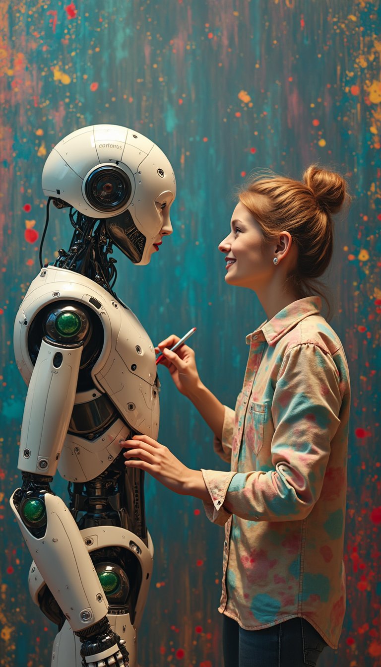 image of an ai painting a human and a human painting an ai, they are looking at each other, they have created each other, very vibrant colors, creative, imaginative 