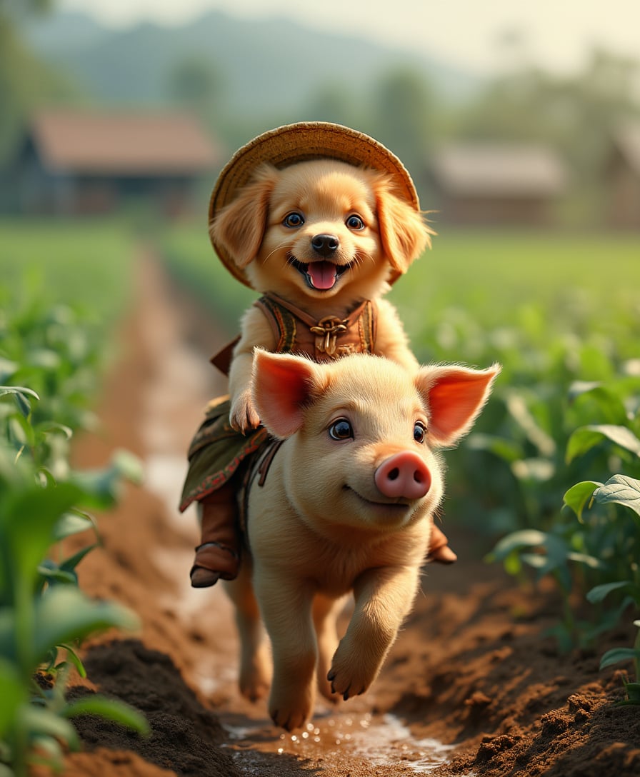 2-month-old anthropomorphized Golden Retriever puppy, photorealistic, riding on the back of a pig, galloping through a rural farm field, wearing a traditional Chinese apron and straw hat, joyful expression, muddy dirt paths and lush green crops around, warm natural lighting, realistic countryside farm atmosphere. 