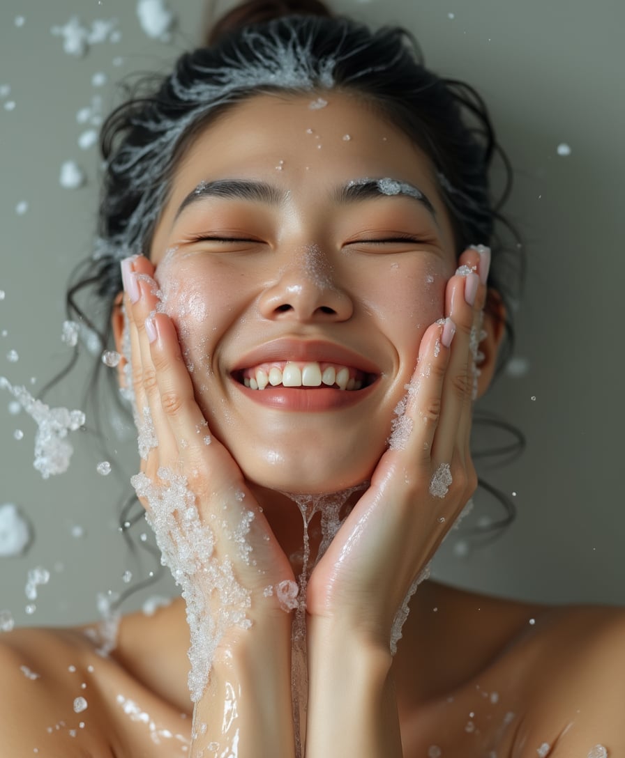 wide-angle of beautiful smiling japanese woman washing her face look freshing and healing