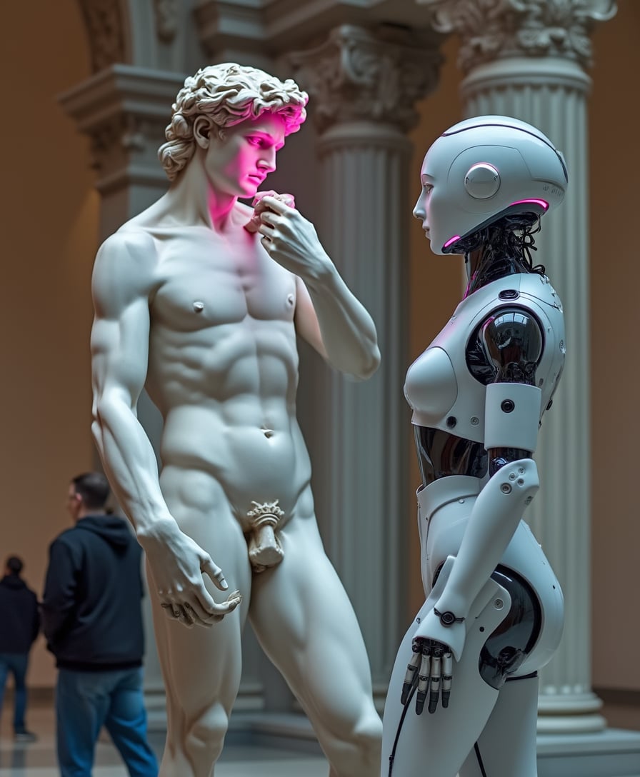 full-length statue of Michaelangelo’s David and white futuristic female robot discussing art against the backdrop of the Louvre, with the robot’s helmet emitting pink neon light illuminating David’s face 