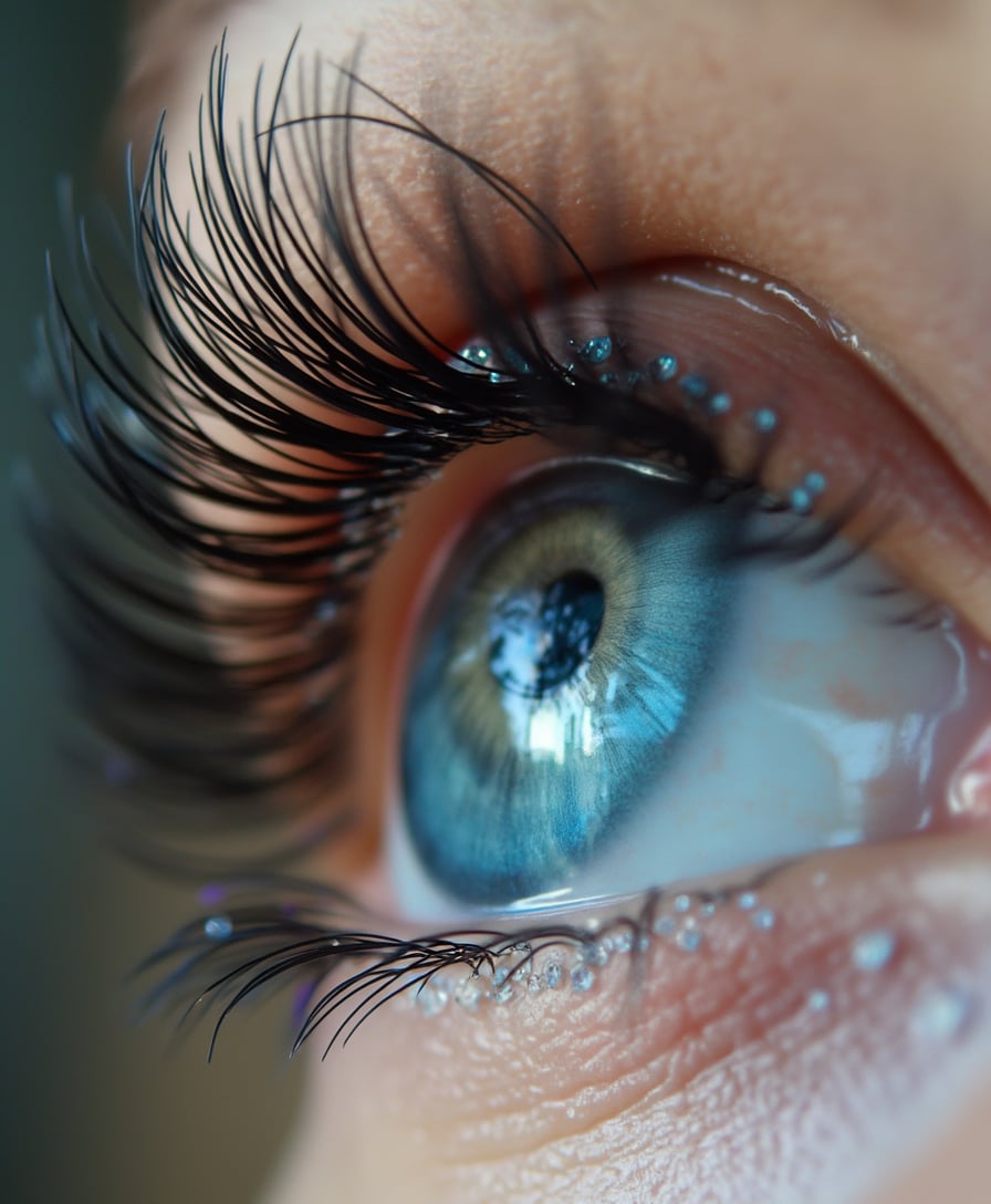 Beautiful eyelashes, in three rows, look like extended. On this blue eyes, on the tips of eyelashes rhinestones, macro shooting, real photo, 4K