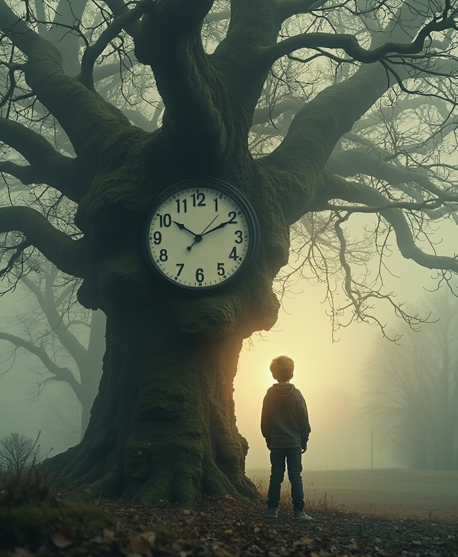 a Yew Tree with a clock morphed into the trunk and a 12 year old boy looking at the tree, fog background 