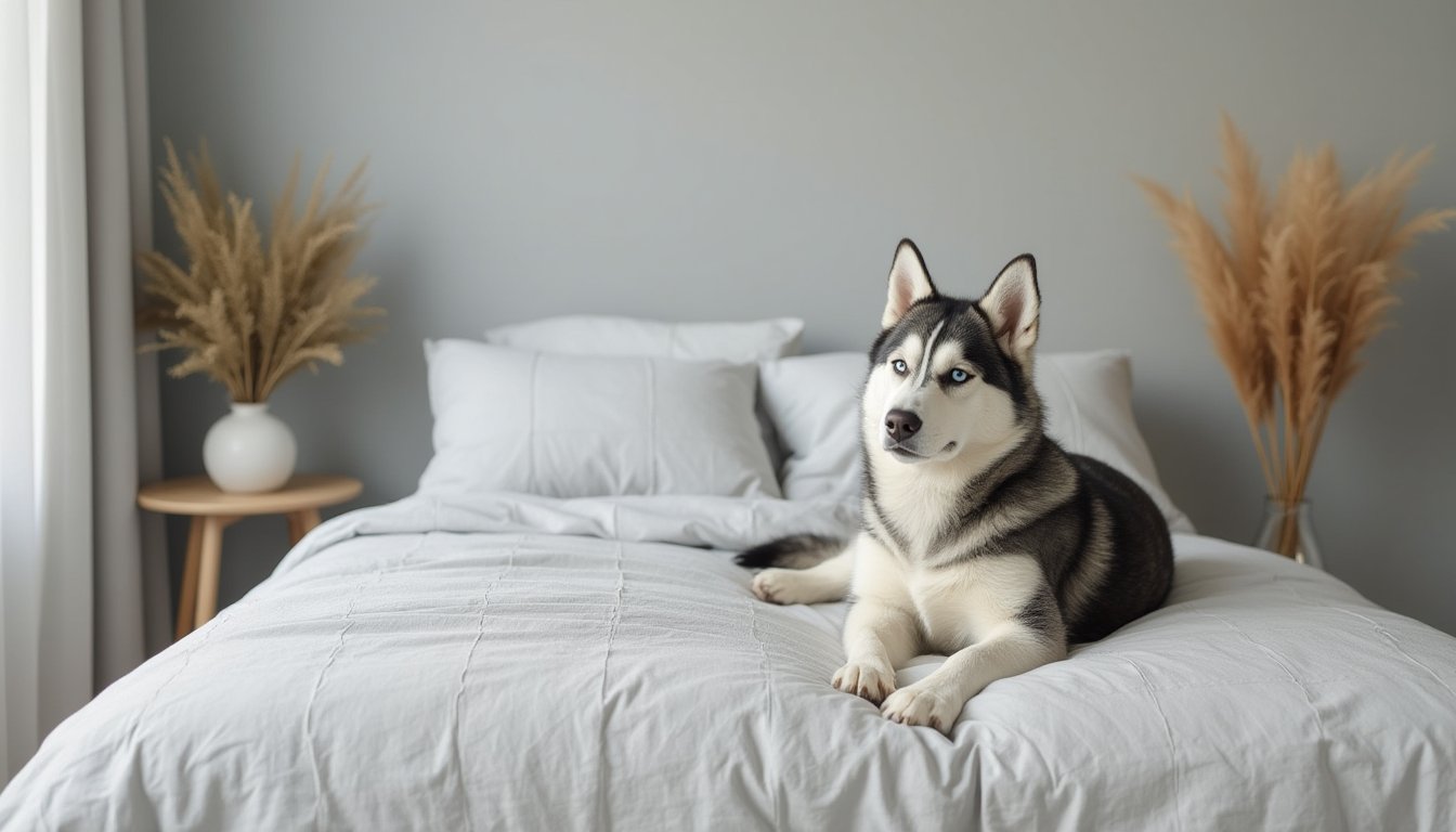 soft light gray themed bedroom room, blank walls, nothing on the walls, adorable lhusky dog on the bed looking at the camera