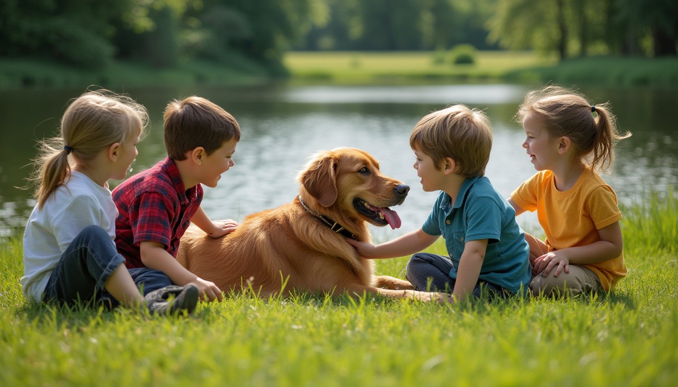 The retriever lying in the grass, surrounded by children as they pet and talk to it, with the pond glistening in the background. 