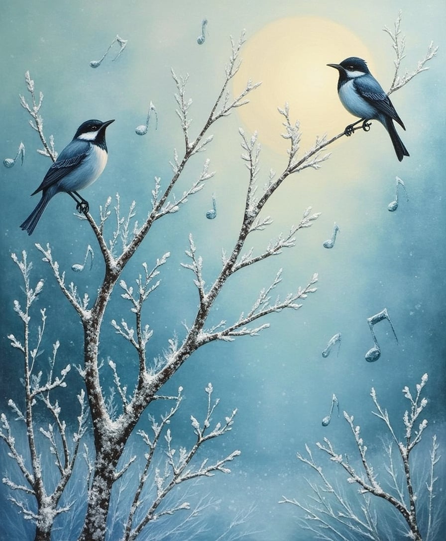 Even the frost cannot silence a song of hope." Depict musical notes blending with a frosty palette of icy blues and whites. Add bird silhouettes perched on branches. Ethereal Elegance