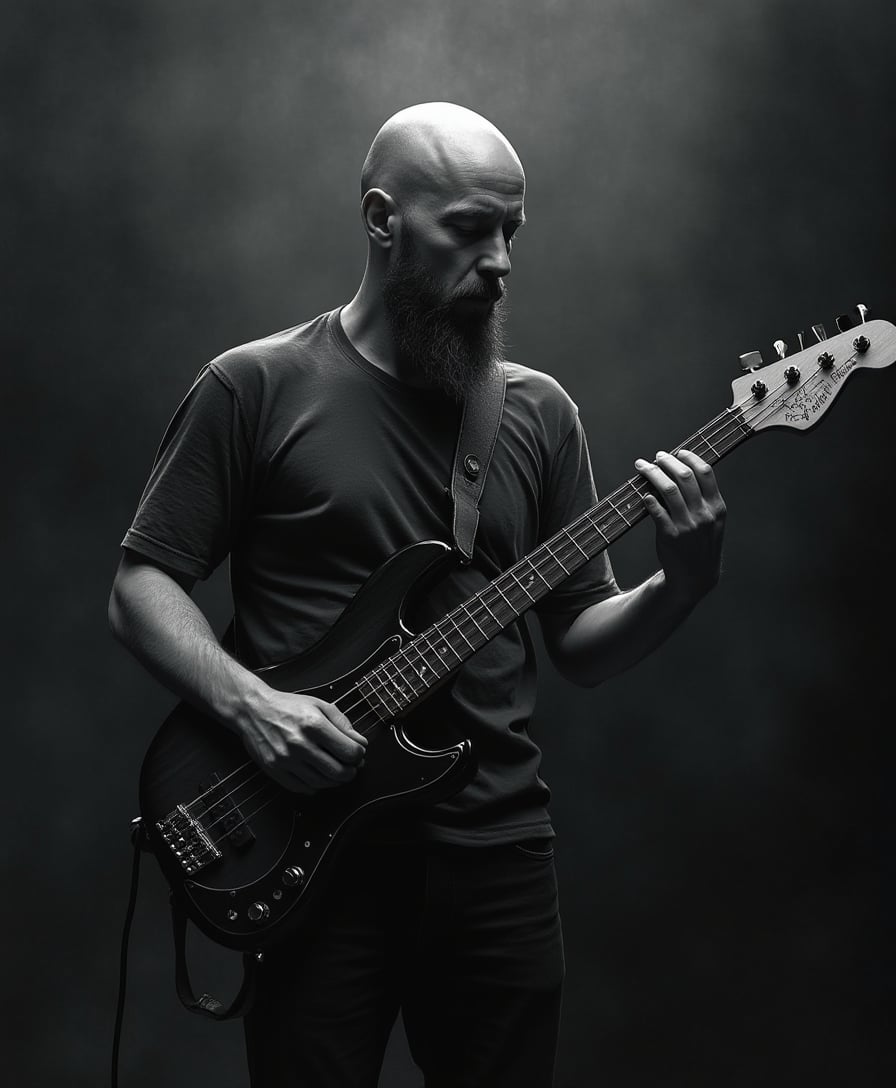 a bald man with a beard plays a fretless bass guitar, he is alone and darkness surrounds him, a dream environment, high resolution 