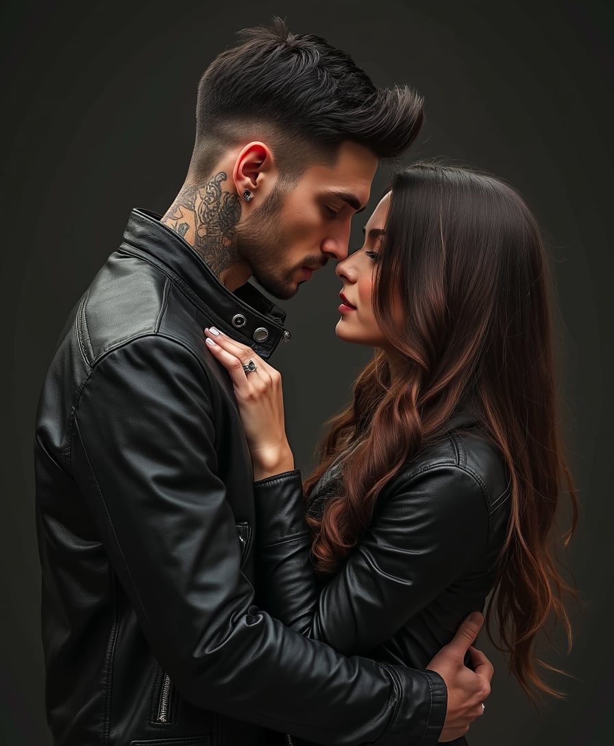 an attractive brutal man wearing a black leather jacket, holding and kissing the neck of his pretty girlfriend with long brown hair in his arms. His hair is short and black, stylish haircut. The has a tattoo on his neck. The atmosphere is romantic, with detailed facial features, eyes, and a full-body portrait. The skin appears soft, and the colors, shading, and design are flat, in the style of book cover, realistic style, ultra-high resolution, high detail, high contrast, and sharp focus, black background, tha man and his girlfriend are standing back to back, they are looking at each other 