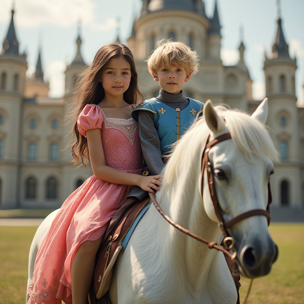 A 4-year-old dark and long hair girl and A 2-year-old blonde hair boy, girl in a pink princess dress and boy in a blue knight prince dress, they sit on the back of a white horse, full body, looking camera, palace background, cinematic 