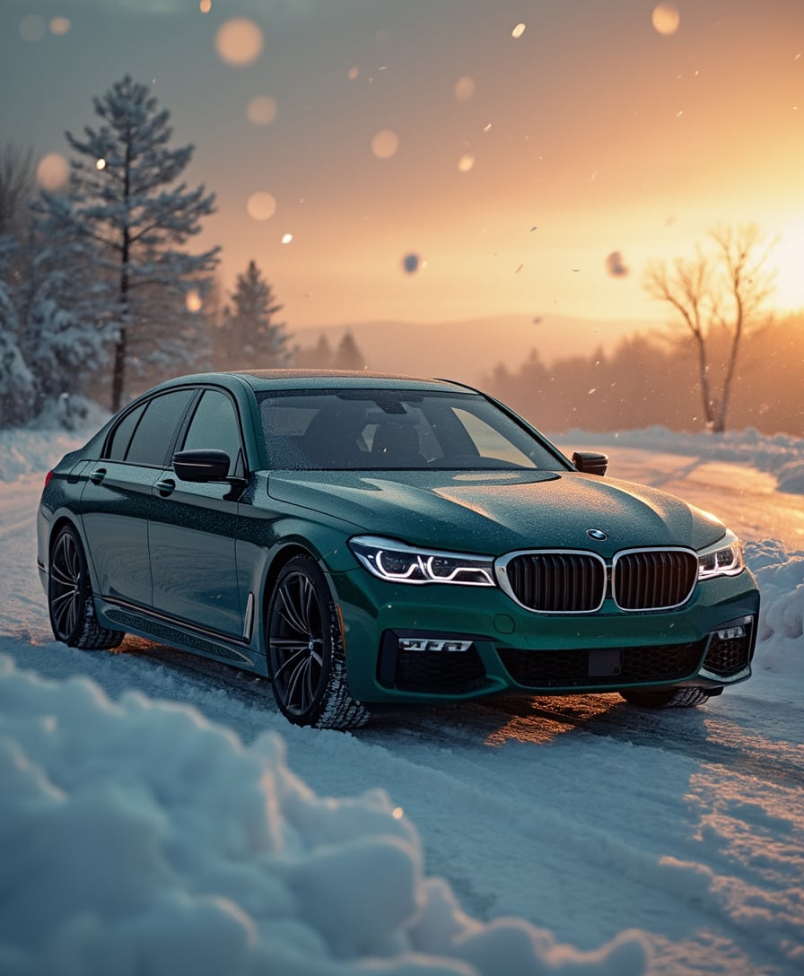 A green BMW car, model BMW 740li Leading Luxury Edition, black wheels, parked in the snow, heavy snow, high-definition photography style, sunset, natural light, static dynamic, amazing colors, spectacular scene,