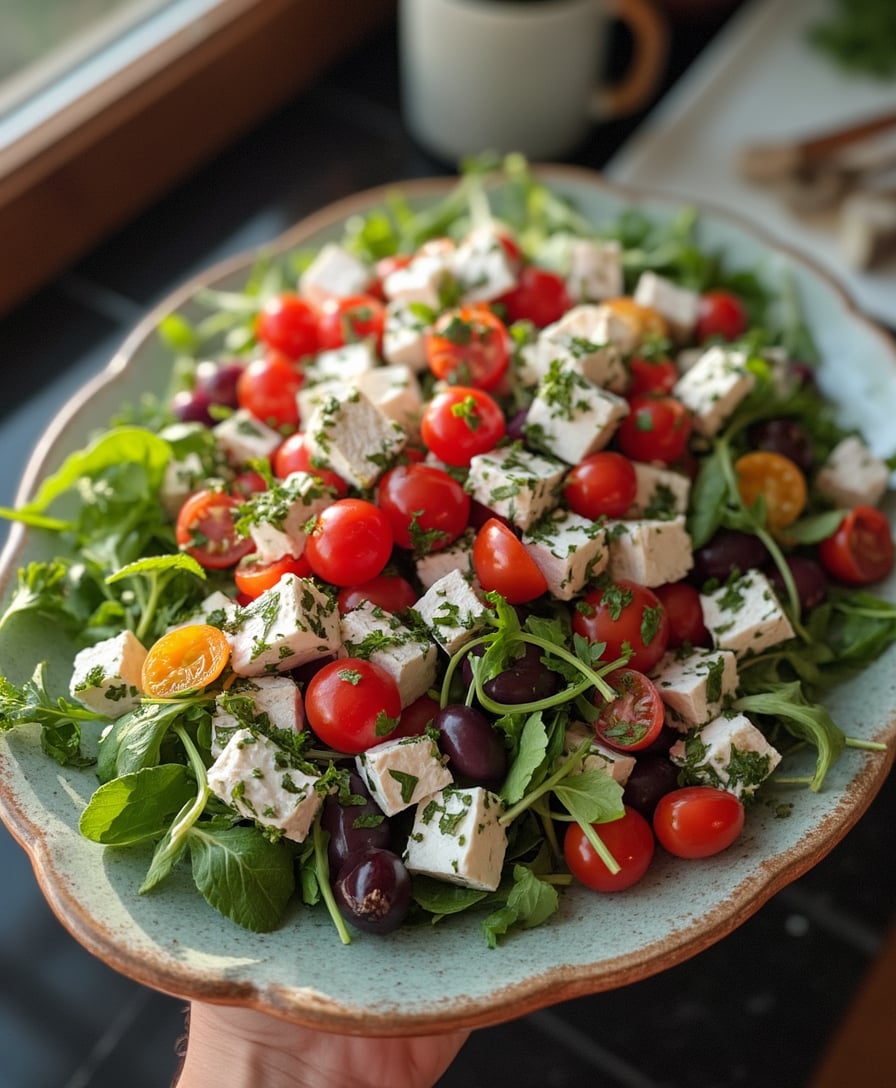 Classic Greek Salad** 🌟 Close-up (..................................... ........) served on a rustic Glass Stoneware Plate or Ceramic Serving Dish or Paddle Board or Cast Iron Skillet or Serving Basket or Copper Tray or Glass Serving Platte or Stoneware Plate or Cheese Board or Bamboo Platter or Oval Serving Platter or Rectangular Serving Platter or Lazy Susan or Tiered Serving Tray or Tiered Serving Tray or Slate Platter or Wooden Serving Board or Charcuterie Board .............. Warm natural lighting in a trendy kitchen setting. Amateur photo from Reddit*