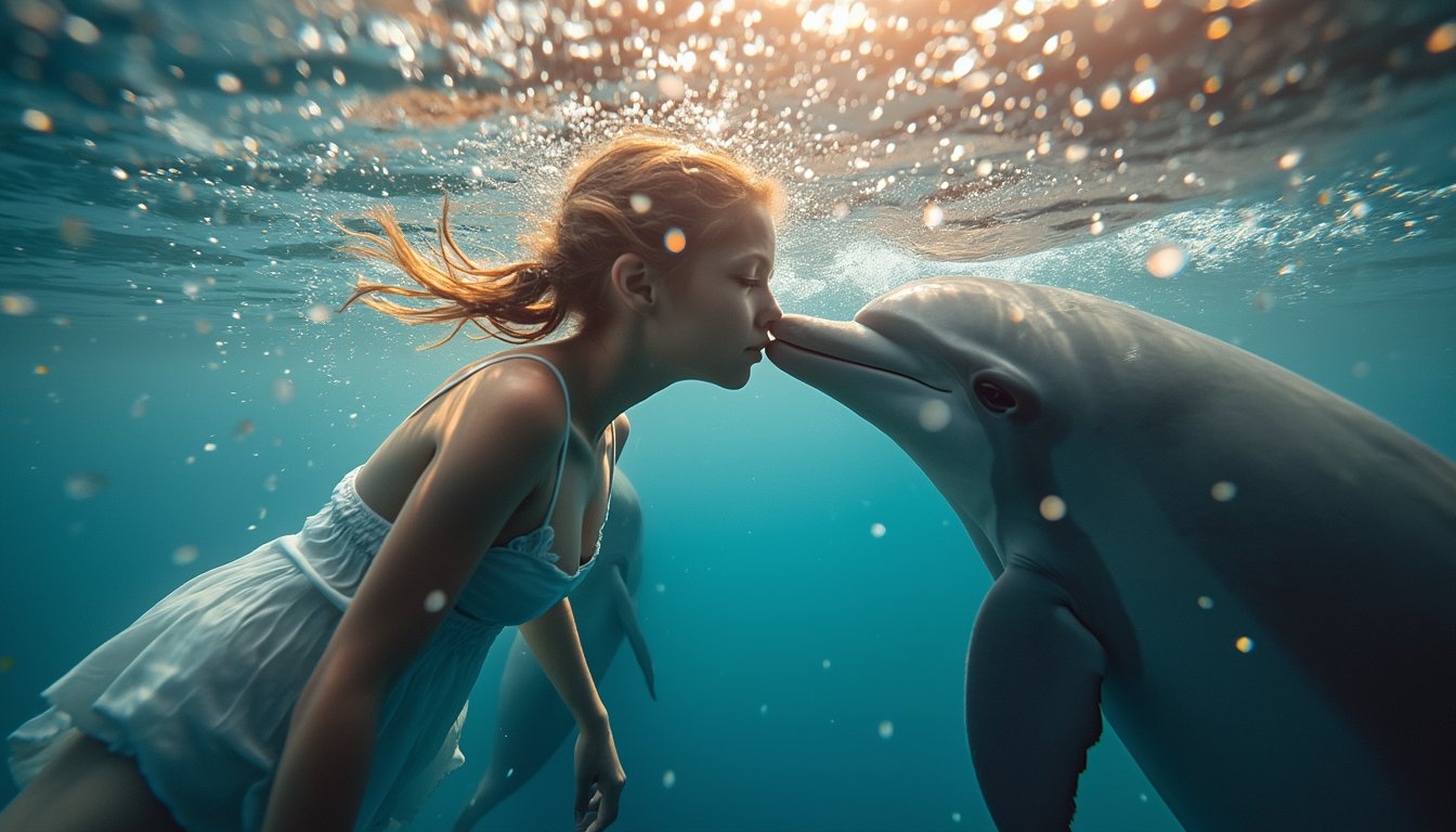 Close-up photo of girl freediving in the ocean with dolphins, girl and dolphins gently touching each other's nose, side view, bright sunny colors, cinematic light, magical atmosphere