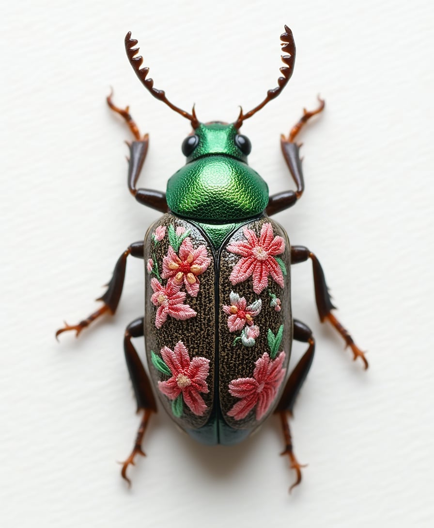 top view，a small beetle is on the desk，3/4 shot，The beetle has an embroidered pattern of small flowers on its back，pink，green，white background，clean background，large area blank 