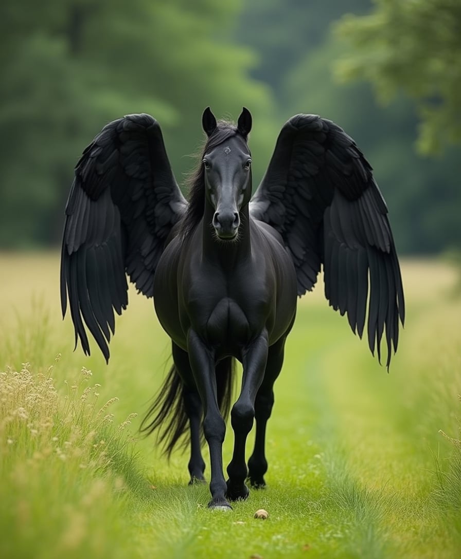 A black horse with wings walks through the green meadow. The picture is taken from the front and you can see its whole body. It has huge, majestic wings spread out to both sides of its back. It stands on four legs and looks straight ahead at the camera. The background features trees and flowers. The photo was taken with a Canon EOS R5, resulting in an ultra-realistic, high-resolution image. 