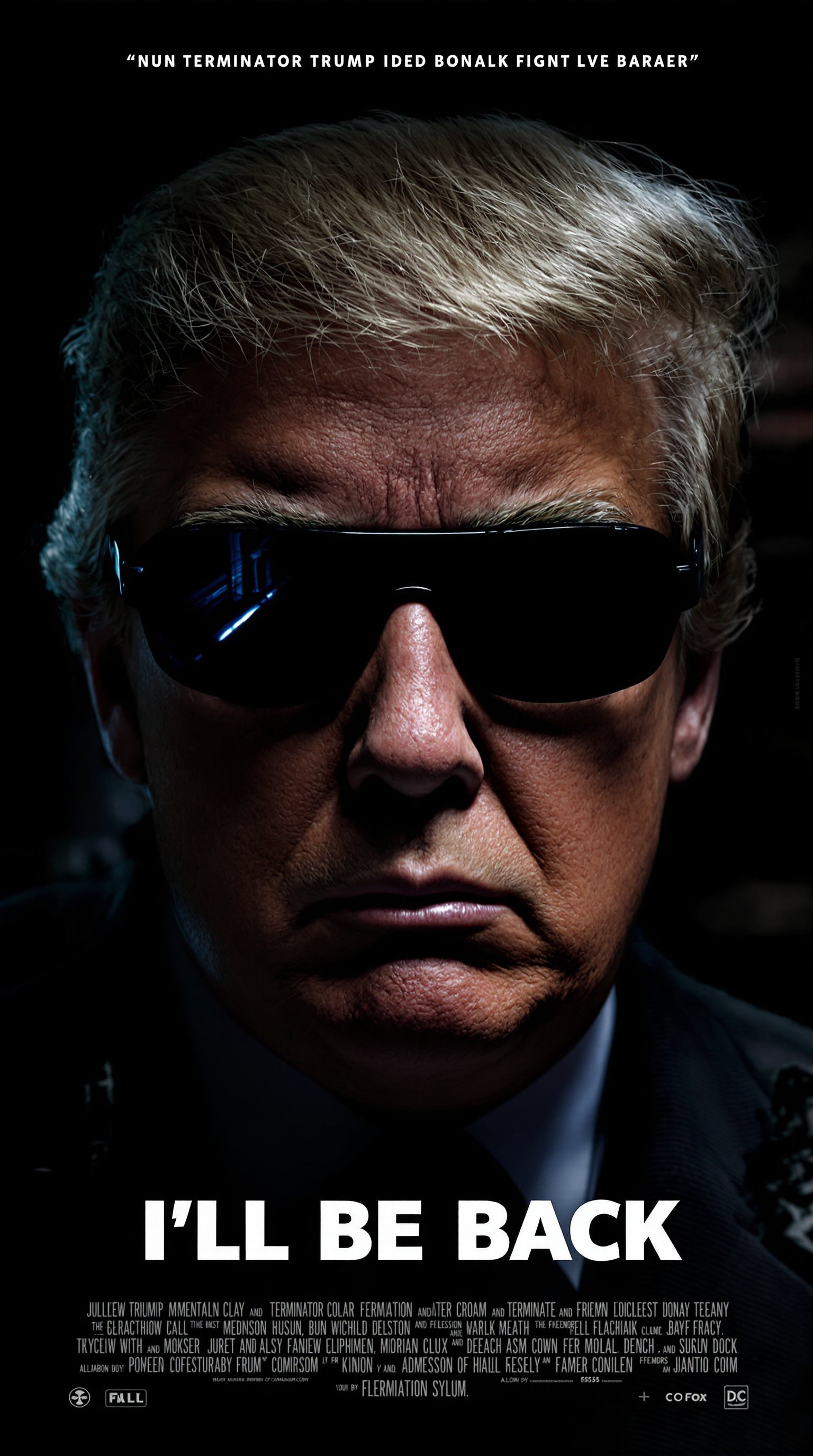 "I'll be back" atmospheric cinematic movie cover of Donald Trump in style of Terminator, wearing black sunglasses, titled with "I'll be back"