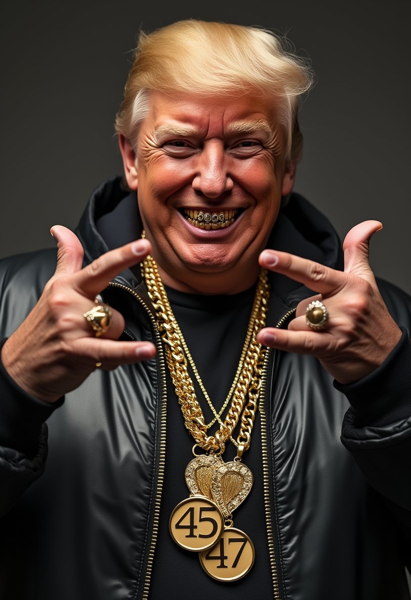 Create image of Donald Trump dressed up as a rapper, rapper clothes, with gold chains, two round gold pentants with the words numbers "45" and "47" showing, gold teeth, making gangster hand gestures, hand signs, smiling at viewer 