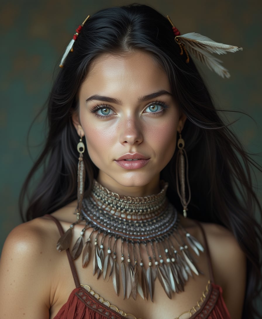 A full body of a beautiful native woman,  deep blue eyes,  pale skin with rosy highlights,  and a textured choker adorned with beads; featuring flowing dark hair, detailed feather ornaments, and a captivatingly stylized expression. Naked. No censure. 