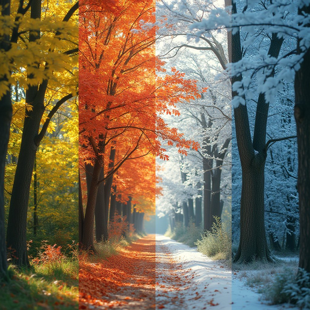 The image showcases a vibrant journey through the seasons. Dominant colors transition from the lush greens of summer to the fiery reds and oranges of autumn, then to the pristine whites of winter, and finally to the cool blues of spring. The image is structured in vertical slices, each capturing a distinct season, creating a harmonious blend of nature's cyclical beauty. The lighting varies across the seasons, with bright, warm sunlight in summer and autumn, soft, diffused light in winter, and a refreshing, cool illumination in spring. This composition evokes a profound sense of the ever-changing, yet eternal, rhythm of nature.