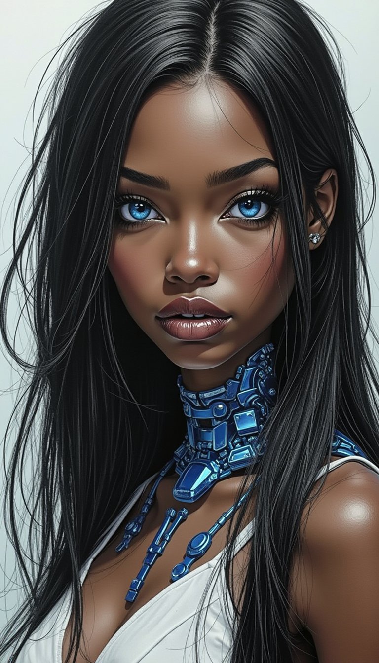 dark skin African American female with strong Japanese facial features. very sexy with dark long brown flowing hair with full glossy ice blue lips and artistic, pencil art, portrait, synthetic human with mechanic, complexity with details, ice blue eye, minimalist, dystopia atmosphere, tsutomu nihei, many details 