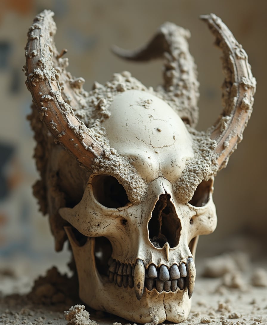 A very damaged and dusty human skull, bearing goat horns and boar teeth, like an evil being.