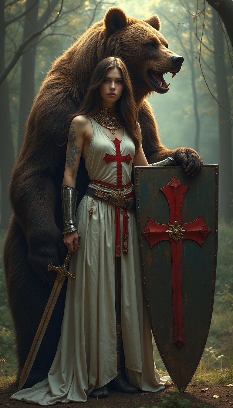 A hyper-realistic 12000 pixel square image captures an abstract close up representation of a sexy female  knights Templar warrior  and a life sized realistic brown bear standing side by side, enveloped in dark shapes that evoke a sense of mystery and intrigue.  The image is cropped from the woman’s head to her knees. She stands poised in a dynamic 2/3rds power pose, looking straight ahead. Her long flat brown hair  hangs gracefully over one shoulder. The gleaming sword she holds in one  hand and the large knights Templar shield  she holds in the other hand both reflect the dim, dappled light filtering through the shadowy forms of an epic medieval environment. The air is thick with anticipation of a fantasy cinematic battle scene. Her glowing full body armour is crafted from fine steel with golden ornaments, covers shoulders, chest, and lower part of her body but does not fully conceal her toned athletic physique. The armor radiates a soft light that contrasts with the surrounding darkness, illuminating the abstract shapes swirling around her. A long sleeveless white surcoat with a big Red Cross flows over her armour. Religious tattoos spiral down her bare toned  arms, hinting at her storied past and connection to ancient traditions, enhancing the atmosphere of the scene. At her side, leaning against her, a life-sized fierce hyper realistic brown bear straight into the camera, a symbol of her strength and protector, crouching in the shadows protecting the warrior’s side. Its fierce gaze lock onto the viewer and it’s mouth open in a snarl reveals sharp teeth and a powerful jaw adds to the tension of the moment. Both the bear and the warrior are shown in great detail and photorealistic as they command the space together, embodying a blend of grace and  ferocity in a menacing manner that defines this captivating cinematic tableau, further emphasizing the dramatic interplay between the warrior and the dark, abstract shapes surrounding her.