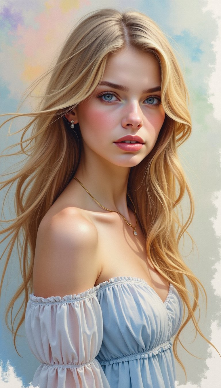 The image is a stunning watercolor portrait of a fantasy woman, seamlessly blending elements of oil painting techniques to create depth and richness. She is framed in a three-quarter view, allowing for an intimate gaze that draws the viewer in, while her flowing hair cascades around her shoulders, painted in soft, ethereal hues that evoke a dreamlike quality. The background features a blend of soft pastels and vibrant colors, suggesting a mystical landscape that enhances the fantasy theme. The lighting is soft and diffused, casting gentle shadows that add dimension to her delicate features, accentuating her otherworldly beauty. Overall, the composition balances intricate details with fluid brushstrokes, making this portrait a captivating synthesis of watercolor and oil painting styles in the fantasy genre.