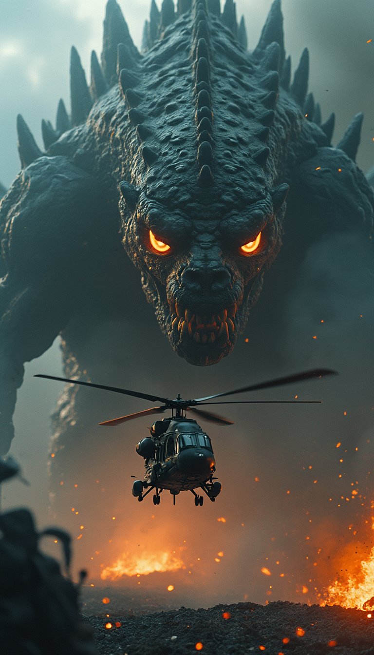 A dramatic and intense cinematic scene featuring a colossal monster with an imposing and menacing presence. The creature's enormous head dominates the frame, with a textured, scaly surface that exudes power and ancient wrath. Its glowing orange eyes burn with fury, casting an eerie light and creating a stark contrast against the dark, smoky atmosphere. The jagged spikes on its head and face enhance its intimidating, otherworldly appearance, giving it a primal and fearsome aura.In the foreground, a military helicopter is dwarfed by the immense scale of the creature, hovering in the smoky haze with its rotors cutting through the tension-filled air. The background is a mixture of fiery orange tones and cool blue-gray mist, creating a dynamic, apocalyptic environment. Embers float through the air, adding to the chaos and intensity of the scene. The lighting emphasizes the creature's terrifying details, while the helicopter adds a sense of humanity's fragility and desperation in the face of such a massive, unstoppable force. The mood is epic and ominous, evoking the feeling of an ultimate showdown between man and monster