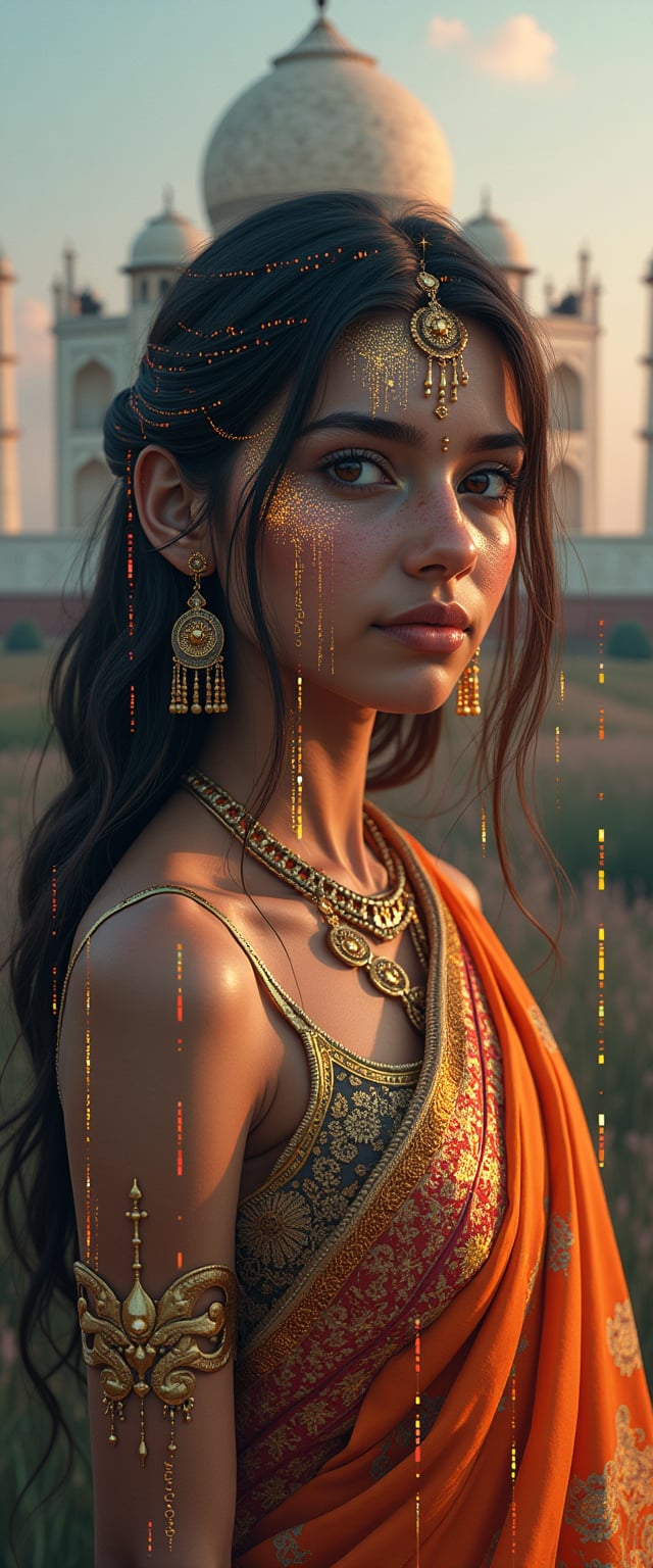 A hyper-realistic full-body portrait of a girl, cyborg half digital and half human, in a glitchy environment where binary pixels blend with the vibrant hues of India, featuring the Taj Mahal and traditional motifs. The human side wears a modernized sari with glowing golden patterns, while her digital side showcases circuits resembling intricate henna designs.