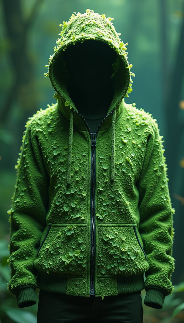 I want an image of a zipper jacket, with hood made out of algae, where living algae grows on the outside of the jacket. The jacket has to be tight to the body, the algae is in many different vibrant green colours. There is no need for a plastic enclosure on top of the slimey, textured algae