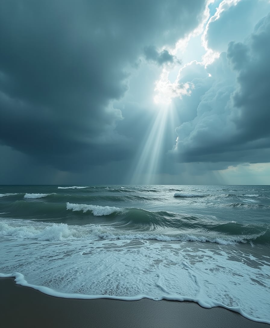 Storm on the North Sea, Dutch sky with storm clouds and volumetric light piercing through the clouds above the sea, grey and acquamarine tones in the waves crashing onto the shores. White foam on the crest of the waves.