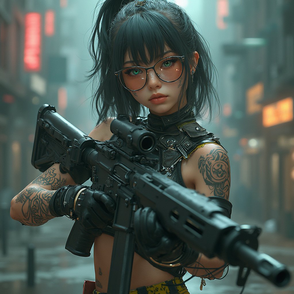 Anime-inspired cyberpunk atmosphere, full body portrait of a stunning girl android witcher wielding a massive rifle, clad in a tactical suit that accentuates her unique hair and striking green eyes. Her skin is adorned with intricate geometrical scars, showcasing her cybernetic implant aesthetic, while biomechanical body parts seamlessly blend with her cool casual wear. Reflective mirror glasses shield her gaze, and tattoos weave stories of survival in this dystopian apocalyptic world. This creative portrait captures her dynamic warrior pose, illuminated by cinematic lighting that highlights the intricate details of her perfect anatomy, rendered in 32k UHD high resolution digital art. A masterpiece that embodies both the essence of cyberpunk and the harsh realities of a dystopian future.