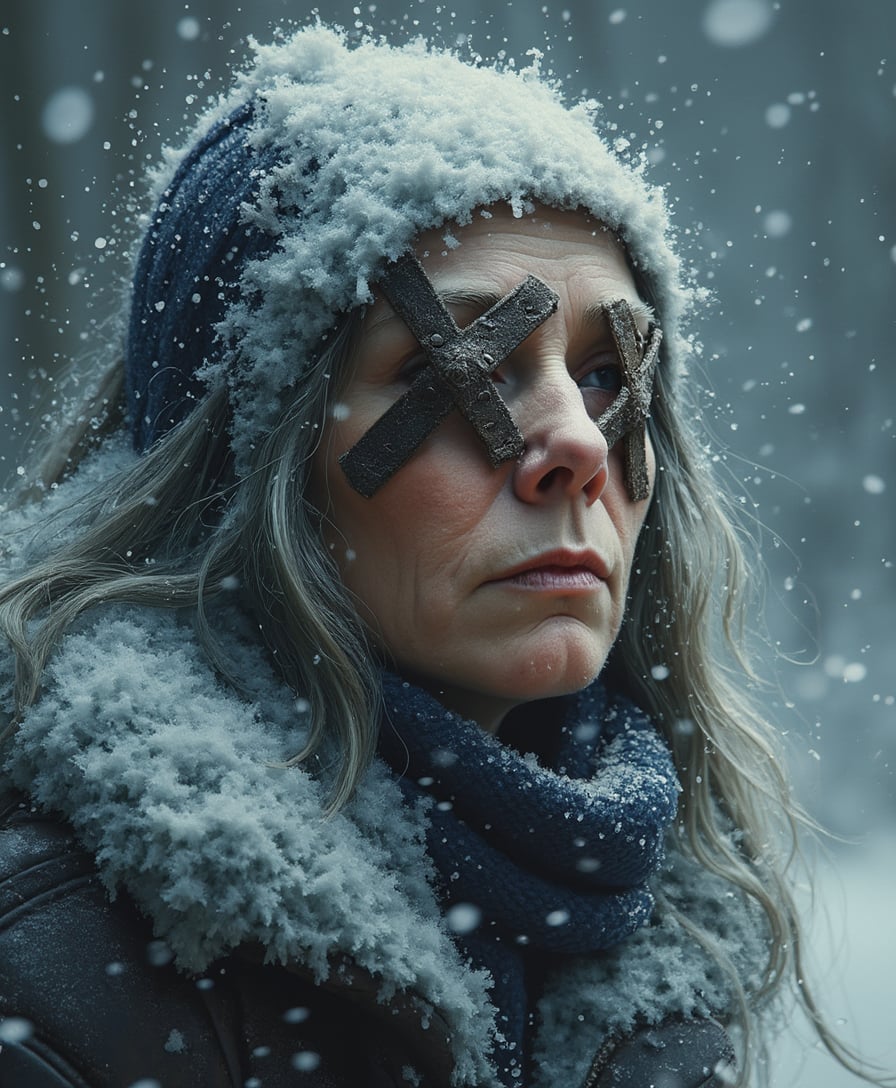 A portrait of a Hag called "Bayrith the Blind" who has large leather X's sewn over her eyes. Ice and Snow surround her in a frigid display of otherworldly magic