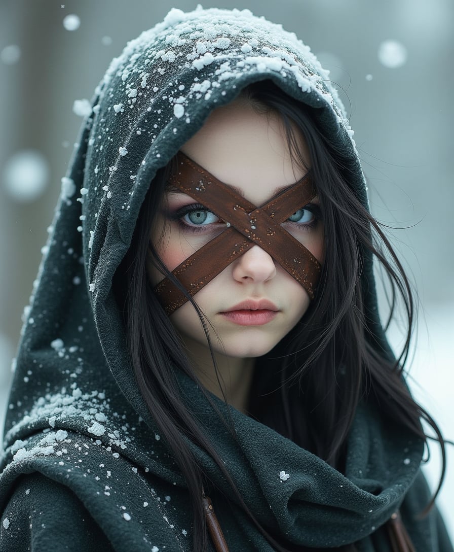 A portrait of a Hag called "Bayrith the Blind" who has large leather X's sewn over her eyes. Ice and Snow surround her in a frigid display of otherworldly magic