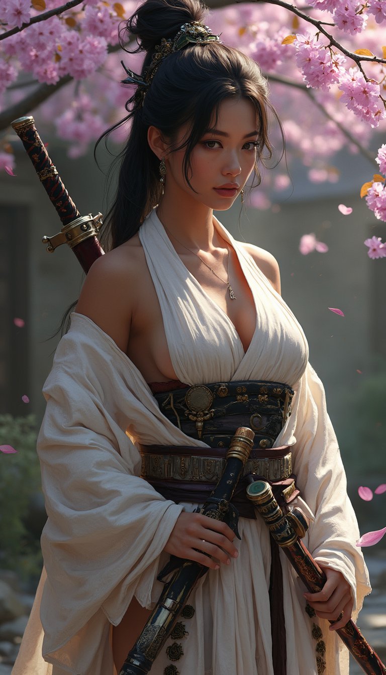 Full body of Sexy well endowed busty chocolate Black Asian female Samurai with scantily draping kimono off shoulders, nothing underneath, and  wearing some traditional samurai armor cladding in white and black accents, typical outfitted hanzo katanas, the jade hanzo katana in her hand, one ruby hanzo katana traditionally placed behind her back, her face has hint of geisha makeup but using earth tones and dark brown with gold shimmering lips, her eyes piercing gold color, the background has zen garden with lilac cherry blossoms falling off tree, and some leaves floating in air as the wind has just brushed past, showing her hard nipples, facing to the lower left