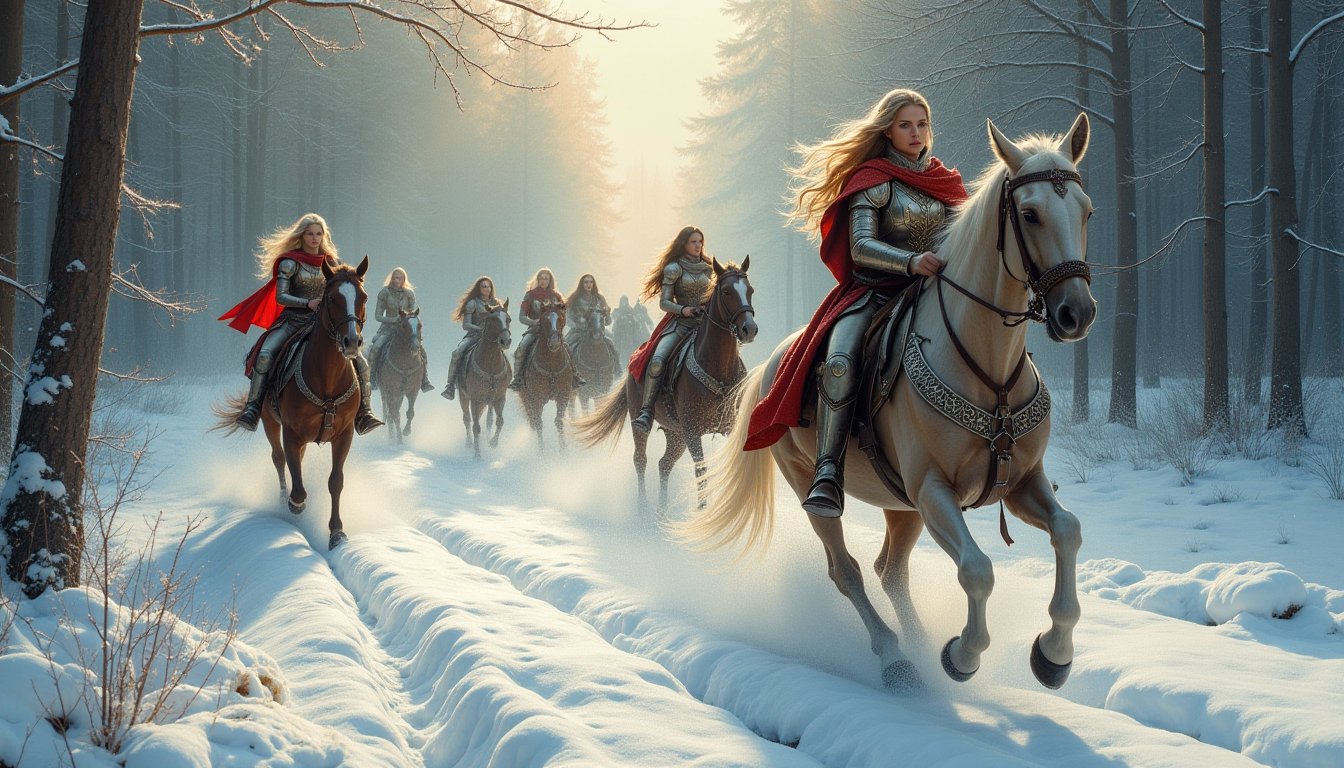 fantasy woman, oil painting, an army of Elven female warriors, riding on majestic horses, galloping at full speed through a mystical snowy forest. The high angle shot captures the dynamic movement and grace of the riders, each adorned in intricate armor that glistens under the dramatic sun lighting. The ethereal atmosphere is enhanced by the soft brushstrokes, creating a sense of depth and enchantment. This fantasy cinematic scene invites viewers to immerse themselves in a world of adventure and magic, where the beauty of nature and the strength of the warriors harmoniously coexist.