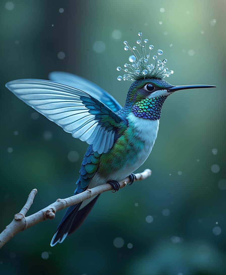 Create an **Ultra High Resolution** image of a **blue hummingbird** with **long, translucent wings** made of **delicate glass**, adorned with a **tiny, whimsical hat** that's **intricately woven** from **forest flora**. The hummingbird **rests** on a **slender, white branch**, its **feathers iridescent** in the soft, **magical forest** light. The **forest** is **enchanted**, with **mystical fog** drifting through the **tall, ancient trees**, **bioluminescent plants** casting **ethereal glows**, and **faint sparkles** in the air. 

**Style:** Capture the scene in a **hyper-realistic style** with **macro photography** techniques, ensuring **vivid details** in the hummingbird's feathers, the glass wings' **translucency**, and the **textures** of the forest. 

**Composition:** Position the hummingbird at the center, **slightly off-kilter**, with the branch **diagonally framing** the image, leading the eye into the **depth of the forest**. Use **soft focus** in the background to enhance the **mystical atmosphere** while keeping the hummingbird **sharp and detailed**.

**Mood and Atmosphere:** The **time of day** is **dusk**, with **twilight hues** seeping through the **canopy**, creating a **serene, otherworldly ambiance**. The **air** is **crisp** with **a gentle breeze**, and the **overall mood** is **peaceful yet mysterious**.

**Technical Aspects:** Utilize **depth of field** to **isolate** the hummingbird from the background, **bokeh** to **highlight** the magical elements, and **lighting** to emphasize the **translucency** and **delicacy** of the glass wings.