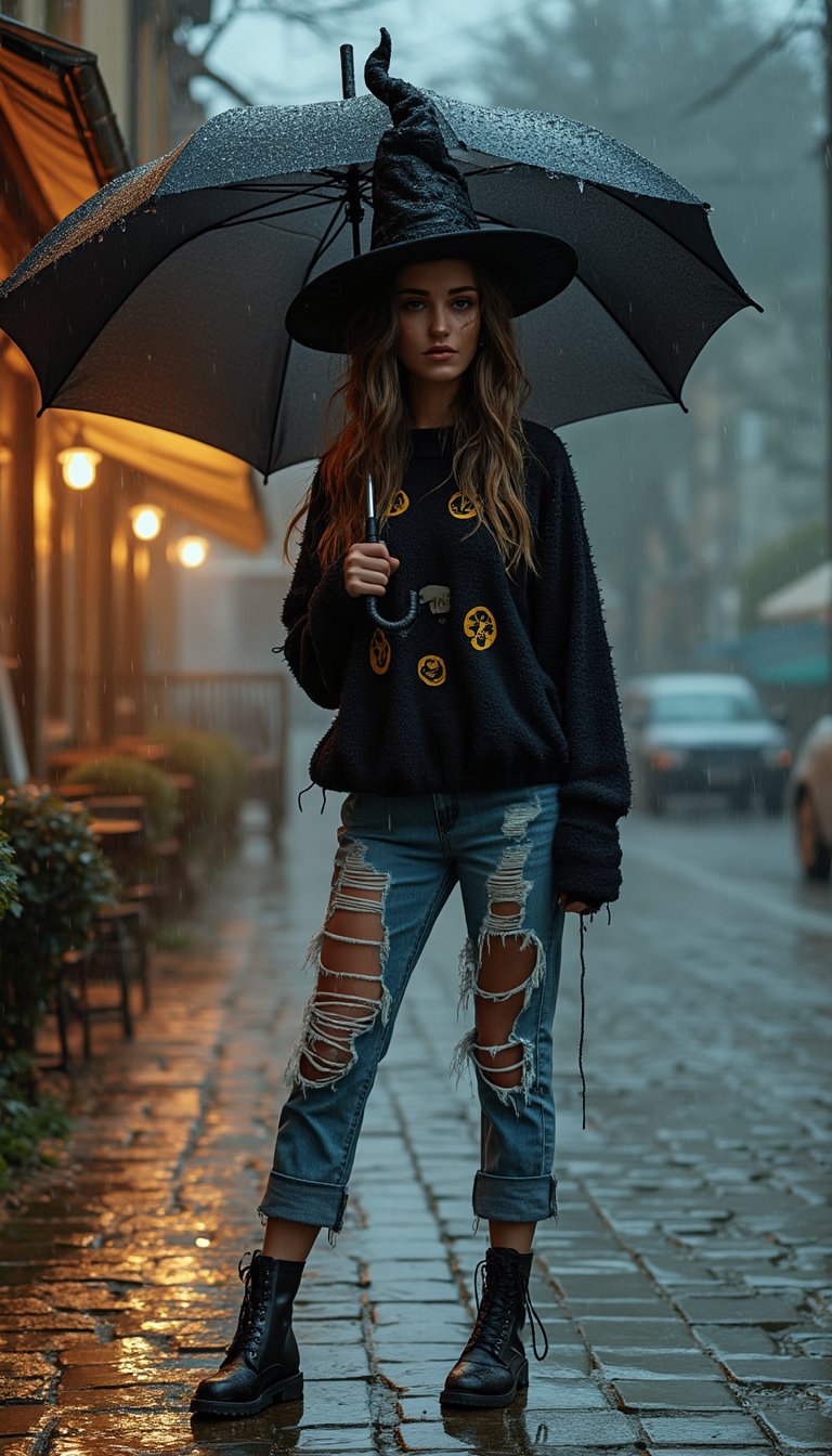 A whimsical scene unfolds in a rain-soaked urban setting, where a witch stands confidently under a large, tattered black umbrella, its fabric glistening with droplets. She wears a casual, oversized black sweater adorned with mystical symbols, paired with distressed denim jeans that splash against puddles at her feet. Her extreme large breasts, accentuated by the loose fit of her top, draw attention, while her long, flowing hair cascades down her back, soaked yet shimmering. Surrounding her are cobblestone streets reflecting the soft glow of street lamps, their warm light contrasting the cool, wet atmosphere. In the background, a quaint café with fogged-up windows adds a cozy touch, while raindrops create a rhythmic patter against the ground, enhancing the scene's ambiance. The witch’s pointed hat, slightly askew, adds a playful element, and her chunky black boots are splattered with mud. The overall composition features a dynamic angle, with the camera positioned slightly below eye level, capturing her imposing figure against the gloomy sky. The lighting is soft yet dramatic, with shadows playing across her face, emphasizing her enchanting features. Keywords: whimsical, urban, casual fashion, rain, mystical, oversized, dynamic composition, soft lighting, warm glow, dramatic shadows, playful, enchanting, cozy atmosphere.