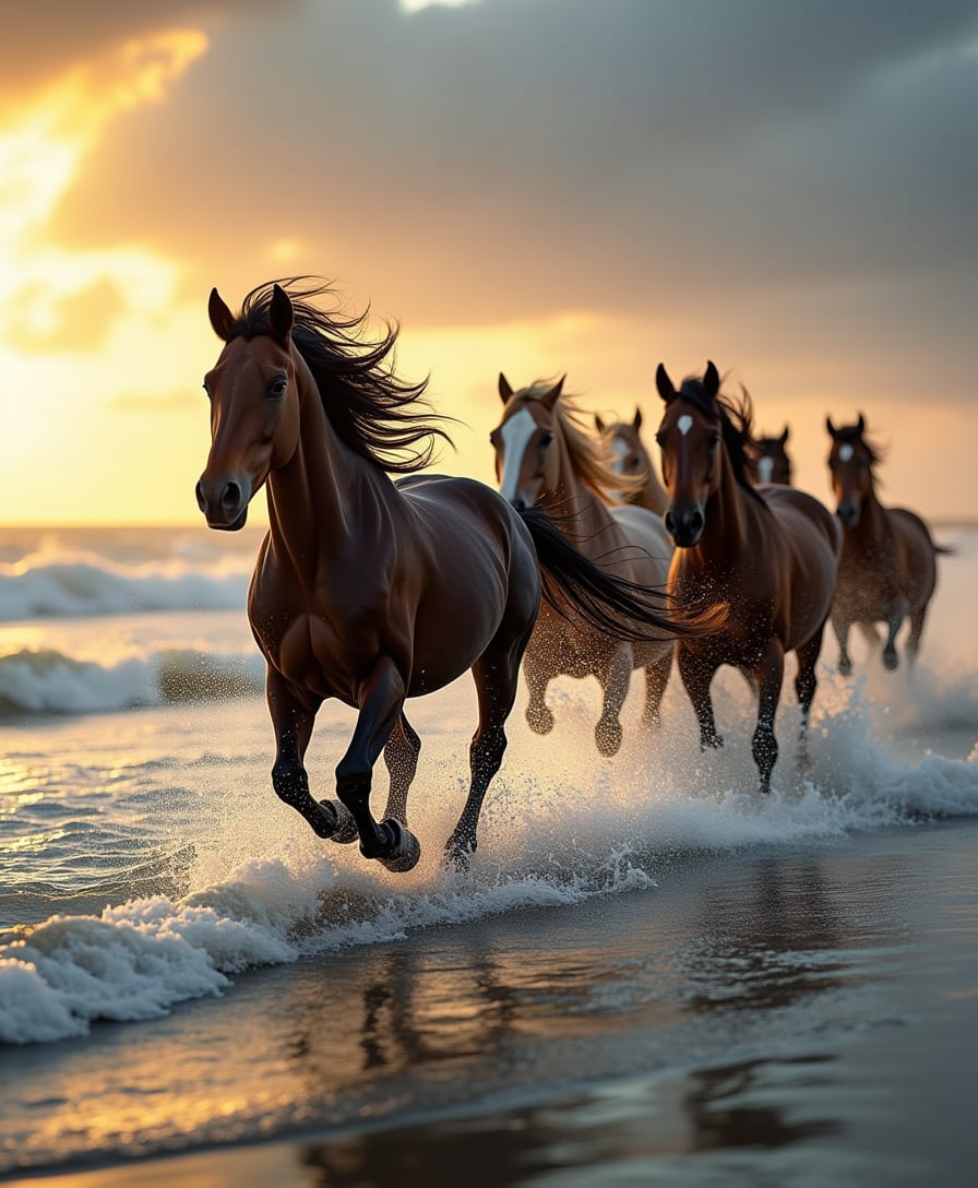 A dynamic scene capturing a wild herd of horses galloping majestically along the shoreline. Their manes are dramatically blowing in the wind, capturing the essence of freedom. Here are the details:

- **Visual Details**: The horses' coats glisten with sea spray; their manes and tails flow dynamically in the wind. The scene features vivid colors of the horses (mix of black, brown, white, and dappled), with the sea displaying an array of blues and greens, and the sky showcasing a blend of sunset hues.

- **Style**: The image should reflect a hyper-realistic style, with a touch of motion blur to convey the speed and energy of the horses. 

- **Composition**: The camera is positioned at a low angle, just above the waterline, allowing the viewer to feel the scale of the horses against the vast ocean. The frame captures the herd in the foreground with the ocean and a setting sun in the background. The focal point is the lead horse, with others following in a diagonal line towards the horizon.

- **Mood and Atmosphere**: The mood is one of raw nature and freedom, with the atmosphere filled with the sound of crashing waves and the wind. The scene is set during the golden hour, with the sun low on the horizon casting long shadows and golden light across the horses and the sea.

- **Technical Aspects**: Utilize a fast shutter speed to freeze the motion of the horses while allowing some motion blur in their manes and the splashing water. The depth of field should be shallow to focus on the herd, with the background slightly blurred to emphasize the movement and the vastness of the sea.

- **Cohesion**: This scene combines elements of nature, motion, and light to create a breathtaking moment where the raw power of the horses and the serene beauty of the ocean coexist, creating a unified, believable, and inspiring image.