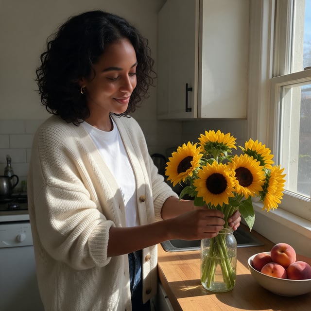 The same young woman with dark curly hair, gold hoops and a cream cardigan at a cafe window, at a farmers market with sunflowers, arranging the flowers in her kitchen, and writing on a sofa, slide 3 of 4