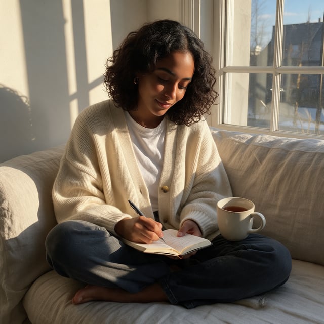 The same young woman with dark curly hair, gold hoops and a cream cardigan at a cafe window, at a farmers market with sunflowers, arranging the flowers in her kitchen, and writing on a sofa, slide 4 of 4