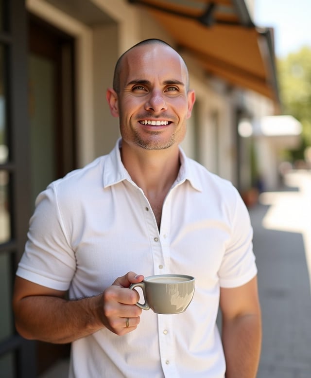 Brian in a white linen shirt holding a latte outside a sunny sidewalk cafe