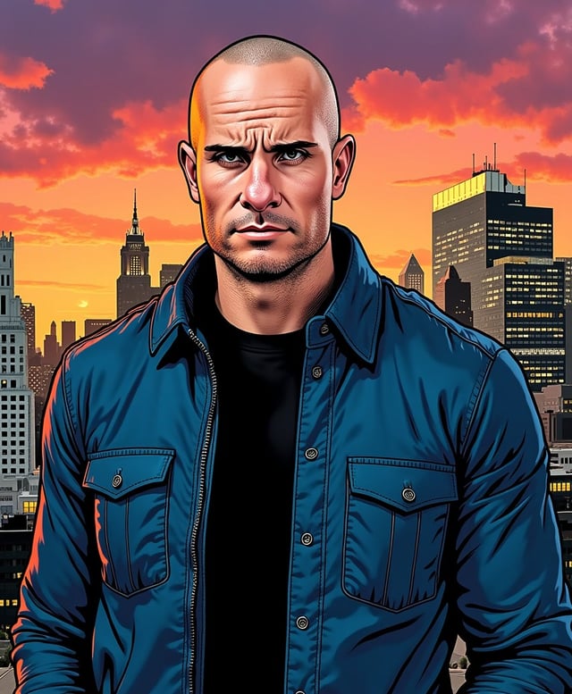 Brian drawn as a comic book hero in a navy jacket against a city skyline at sunset