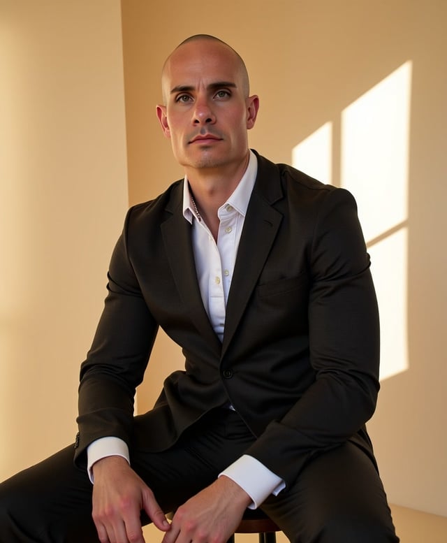 Brian in a charcoal suit seated on a stool in warm window light, a magazine editorial portrait
