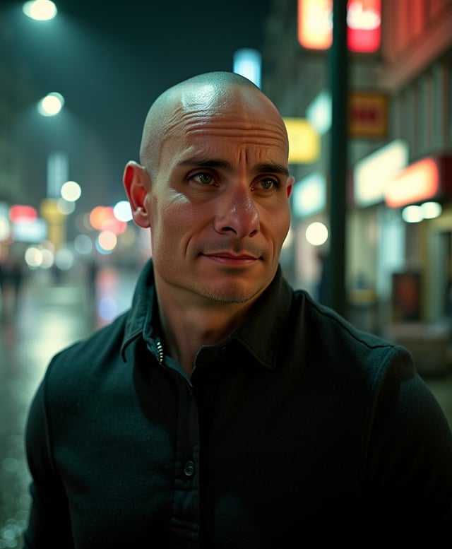 Brian in a dark jacket with a slight smile on a rain-soaked neon city street at night, a cinematic film still