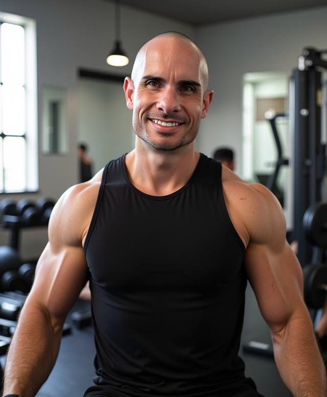 Brian in a black tank top smiling between sets in a bright gym
