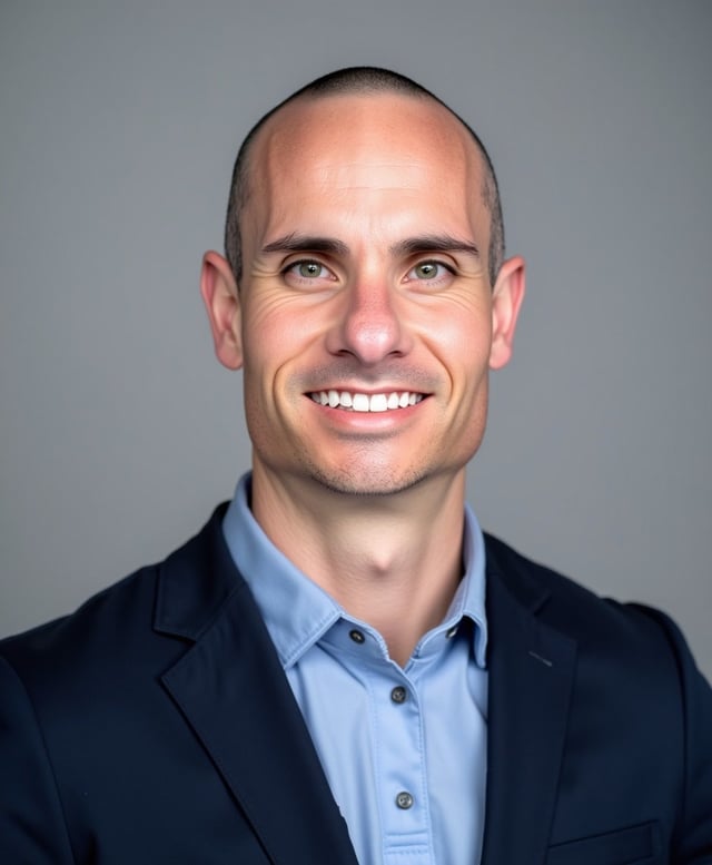 Brian in a navy blazer and light blue shirt, a smiling studio headshot on a grey backdrop