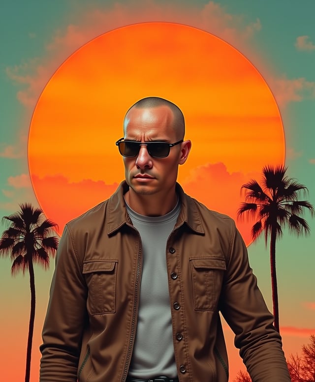 Brian as an 80s action hero in sunglasses and a brown jacket, palm trees and a giant orange sun behind him