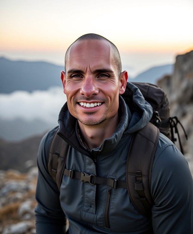 Brian smiling with a hiking backpack on a mountain ridge above a misty valley at golden hour