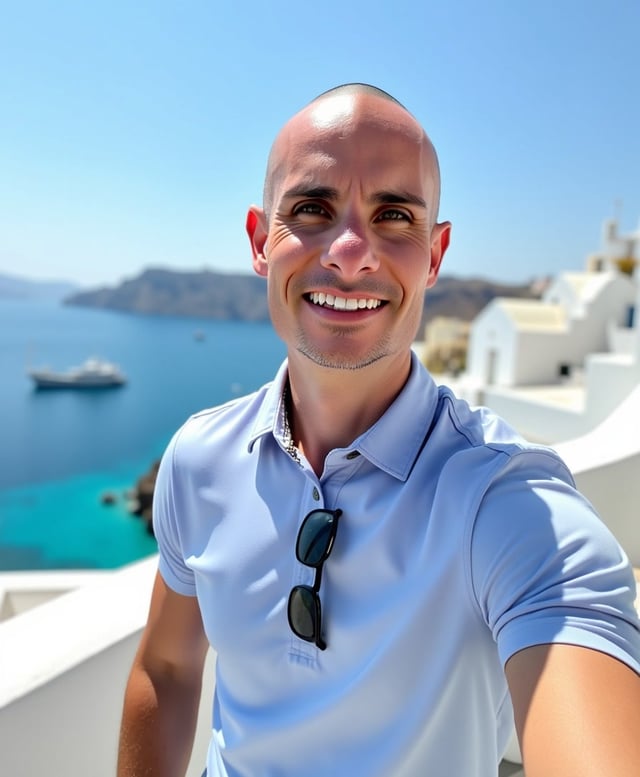 Brian taking a smiling selfie on a whitewashed terrace above a turquoise sea