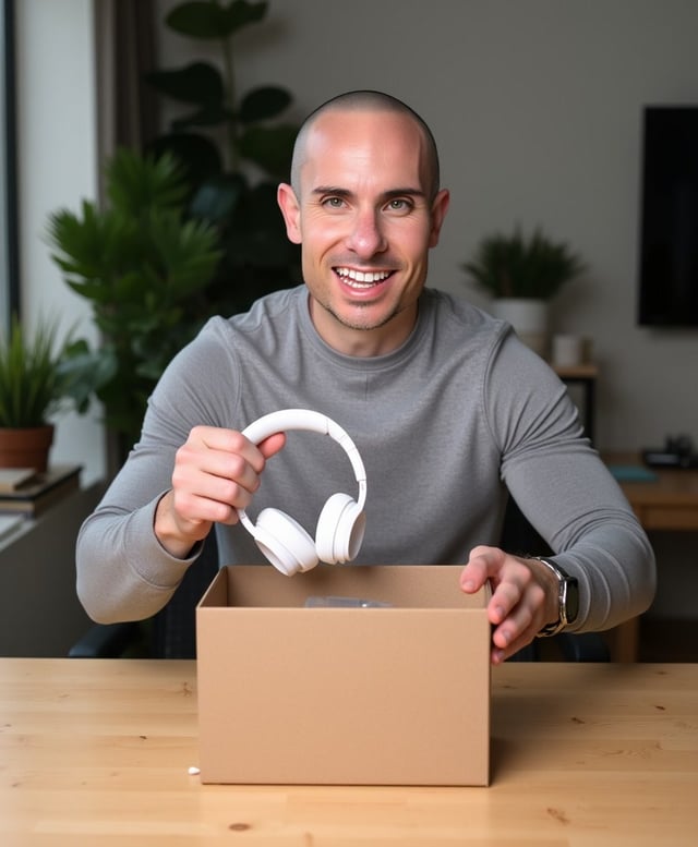 Brian lifting a pair of white headphones out of a cardboard box at his desk
